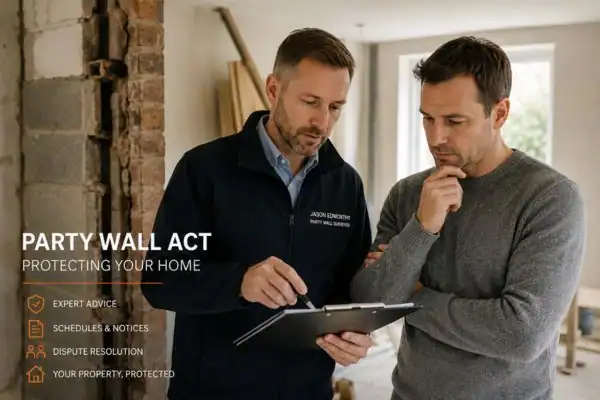 Party wall surveyor Stanford-le-Hope discussing extension plans with homeowner outside a UK semi-detached house.
